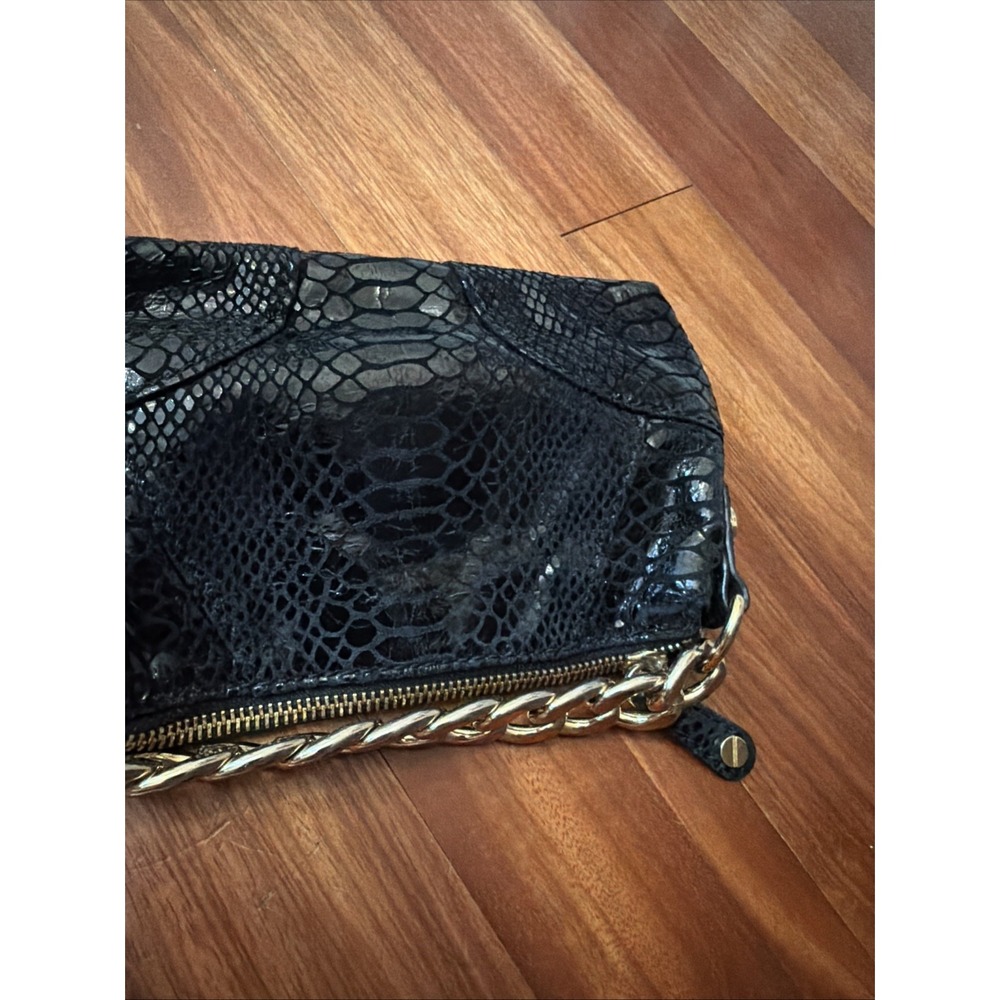 Michael Kors Black Python Embossed Leather Tote Bag Gold Chain Strap Clutch - Picture 6 of 7